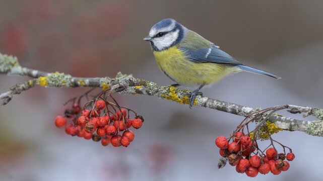 Blue tit (Cyanistes caeruleus), on a lichen-covered rowan branch with red berries, Swabian Alb Biosphere Reserve, Baden-W&uuml;rttemberg, Germany