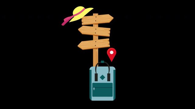 Travel Direction Signpost and Backpack Animation Loop Tourism Planning Concept with Alpha Channel