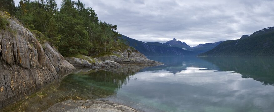 Landscape at Lang Fjord, Boggestranda, M&oslash;re og Romsdalen, Norway, Scandinavia, Europe