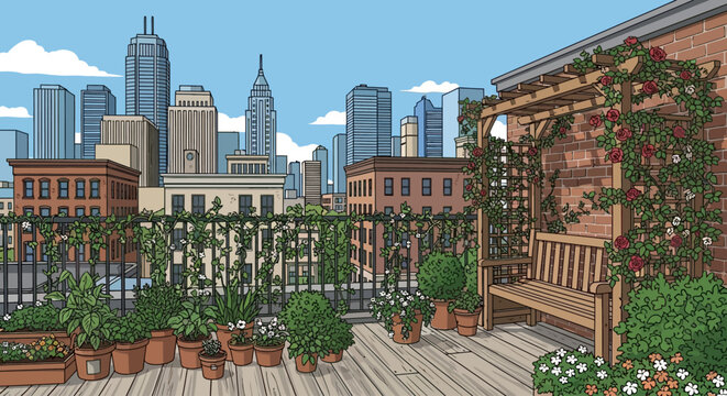 Potted plants on a rooftop garden.