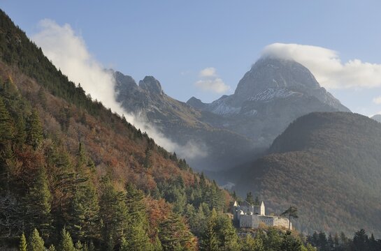 Castle ruins and Mt Mangart, 2677m, Predil Pass, Triglav National Park, Slovenia, Europe