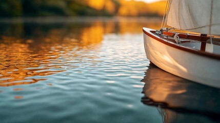 Obraz premium Sailboat with white sails gliding on calm water during sunset, reflecting warm golden hues from the surrounding trees and creating a serene atmosphere