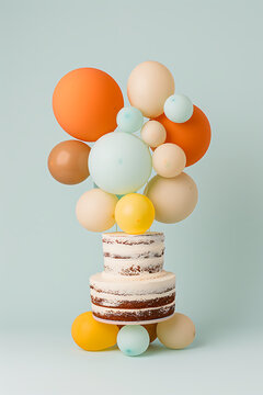 Colorful stacked spheres on a striped base, 3 d rendering