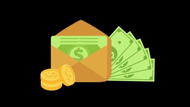 Cash Filled Envelope Animation Loop Financial Message Concept with Alpha Channel