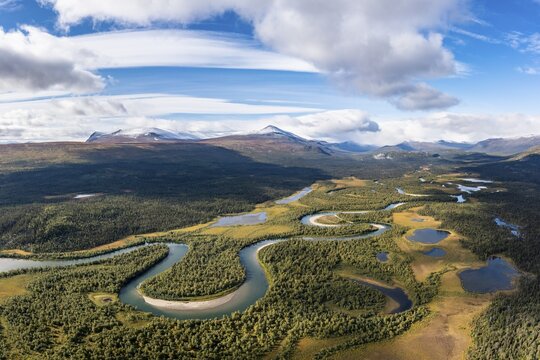 View into Kamajokks Nature Reserve and Sarek National Park, aerial view, river Gamaj&aring;hk&aring;, Kvikkjokk, Lapland, Sweden