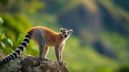 Fototapeta premium Ring-tailed lemur standing on a rock with a blurred green background, showcasing its distinctive striped tail and curious expression in a natural habitat