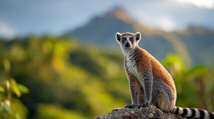 Fototapeta premium Ring-tailed lemur perched on a rock with a blurred green landscape and mountains in the background, showcasing its distinctive striped tail and curious expression