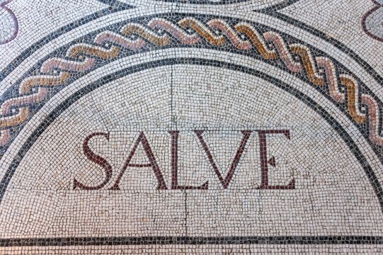 Lettering Salve, Roman mosaic, courtyard, Palacio de la Condesa de Lebrija, Seville, Andalusia, Spain