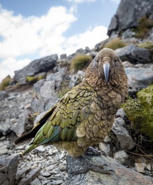 Kea (Nestor notabilis), Kea sitting on rock, Kepler Track, Fiordland National Park, South Island, New Zealand