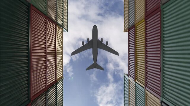 Low-angle view of cargo containers forming a corridor as a freighter airplane flies overhead, symbolizing global logistics, trade, and air freight transport. 3D render animation