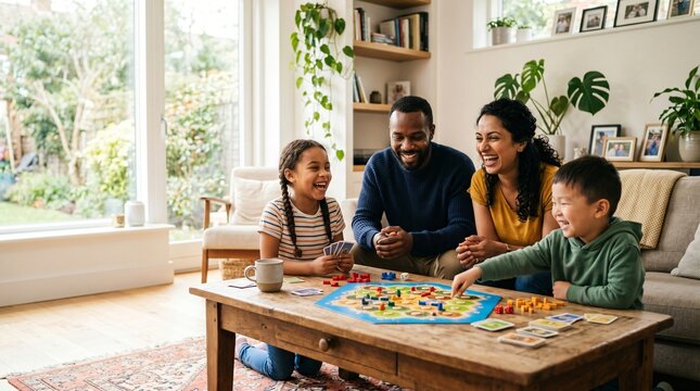 Happy diverse family playing board game together in a cozy living room at home