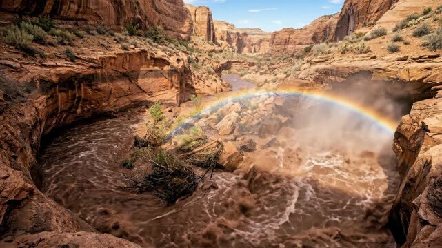 A desert flash flood captured mid-event shows a wall of red-brown water two meters high rounding a dry canyon bend, carrying uprooted desert shrubs and boulders in its