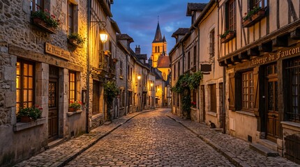 Fototapeta premium Picturesque cobblestone street with traditional half-timbered houses in an old European town at twilight