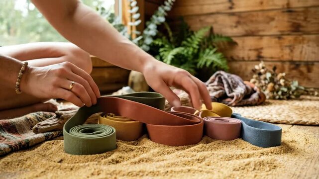 a close-up of the resistance bands creatively arranged in the golden sand of the sauna area, with the influencer's hands in the frame as she styles outfits for a festival