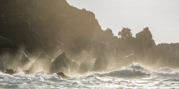 Waves breaking against the cliffs at the Buccaneers Cove, San Salvador Island, Gal&aacute;pagos Islands, Ecuador