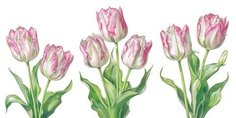 Obraz premium Collection set parrot tulip botanical hand painted illustration, classic vintage style floral painting pink white flowers, modern poster art isolated transparent graphic design, traditional watercolor