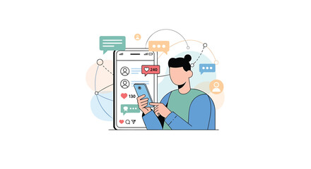 Fototapeta premium Flat design man using smartphone, mobile app icons, social media symbols, modern technology