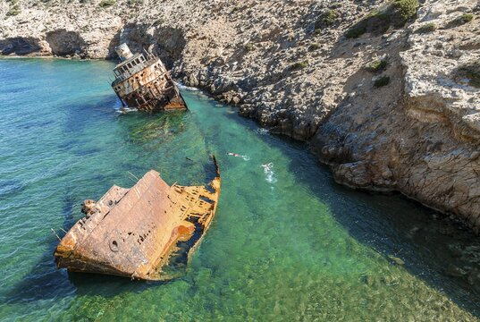Aerial view, Shipwreck Olympia, Amorgos, Cyclades Island, Aegean Sea, Greece