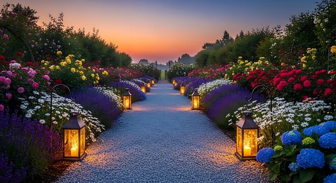 Pathway Lined with Flowers and Lanterns at Sunset.