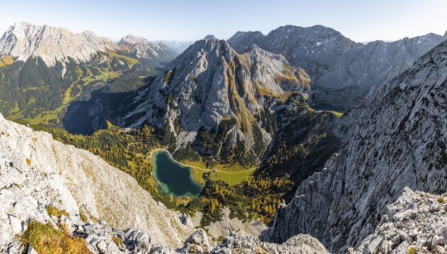 View of Seebensee from Ehrwalder Sonnenspitze, left Leutaschtal, middle Vorderer and Hinterer Tajakopf, right Drachensee, Ehrwald, Mieminger Kette, Tyrol, Austria