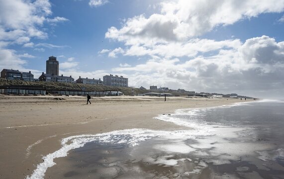 North Sea beach, view of water tower, seaside resort and holiday resort, Zandvoort aan Zee, North Holland, Holland, Netherlands