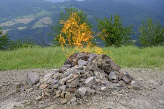 Natural gas spring called Vulcano del Monte Busca, Tredozio, province of Forl&igrave;-Cesena, Italy