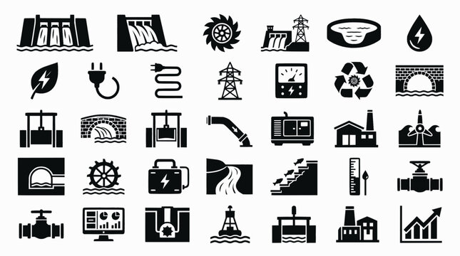 Hydro Energy Icons. Renewable energy. Solid icon set of hydro energy: water dam, flowing water, turbine, hydro power plant, reservoir, water drop, renewable