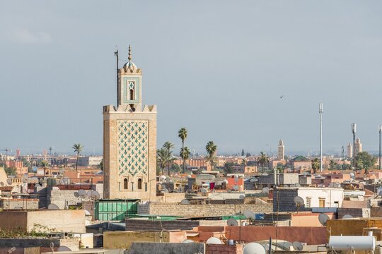View of the old city, Ben Salah mosque with minaret, Marrakech or Marrakech, Morocco