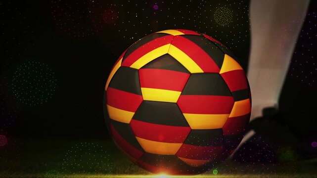 Vertical video: Soccer player foot nudging ball on turf golden spark marking contact advancing play