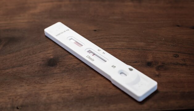 Test cassette lies on a wooden table, Covid-19 antigen test kit, self-test, negative test result, Sars-CoV-2, corona virus, pandemic