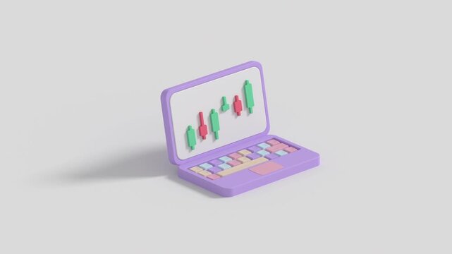 Isometric laptop with a candlestick chart on the screen. Minimal style concept of online trading, stock market analysis, finance, cryptocurrency investment, and digital banking. 3D render animation