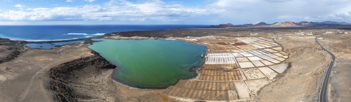 Salt mining plant, Salinas de Janubio with green Laguna de Janubio, near Yaiza, aerial view, Lanzarote, Canary Islands, Spain