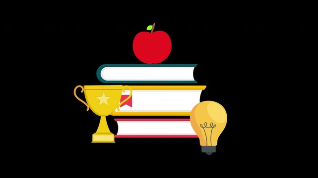 Education Achievement Animation Loop with Books Trophy Apple and Lightbulb with Alpha Channel