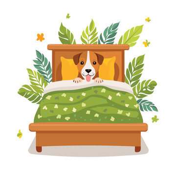 Dog relaxing in bed with green blanket and surrounding leaves