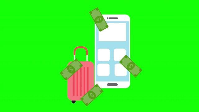 Travel Booking Mobile Payment Animation Loop with Suitcase and Cash with Alpha Channel