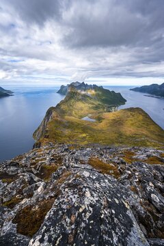Mountain panorama, fjord and mountains, in the back Fjordgard and mountain Segla, view from mountain Barden, Senja, Norway