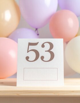 Birthday card with number 53 and text box for name or message. Pastel colors and balloons