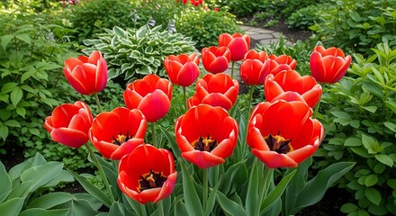 Obraz premium Vibrant Red Tulips Blooming in a Lush Garden Setting.