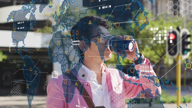 Commuter pausing curb, tapping phone, checking route, animating tech map across him, sipping cup