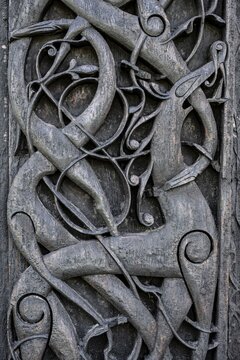 Artfully carved north portal, Celtic art with traditions of the Vikings, Urnes Stave Church, Romanesque church from ca. 1130, Vestland, Norway