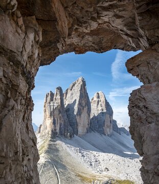 View from war tunnel, via ferrata to the Paternkofel, north walls of the Drei Zinnen, Sexten Dolomites, South Tyrol, Italy