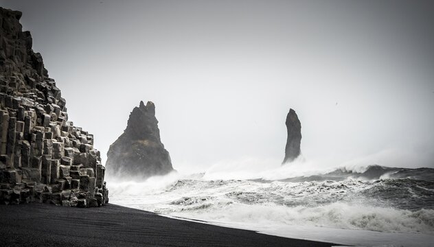 Basalt rock Reynisdrangar near V&iacute;k &iacute; M&yacute;rdal, strong swell, South Iceland, Southurland, Iceland