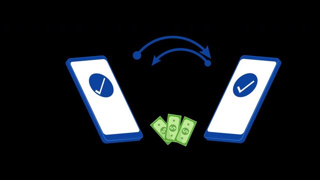 Mobile Money Transfer Animation Loop Between Smartphones with Cash with Alpha Channel