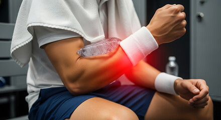 Obraz premium Athlete icing painful elbow injury with cold compress, showing inflammation and recovery in a locker room setting