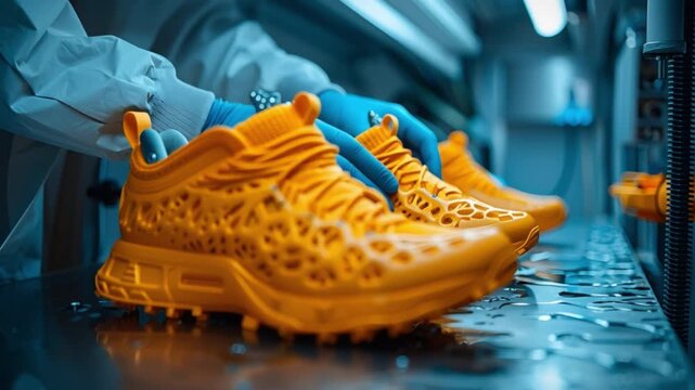 Expert technicians protective gear meticulously assemble bright orange athletic shoes state-of-the-art high-tech manufacturing facility that incorporates water features advanced machinery for optima
