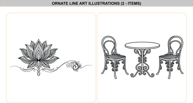 Intricate mandala lotus flower, elegant Parisian cafe table with chairs, black, white, ornate vector line art outline illustration design set.