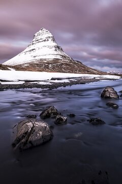 Peak of Kirkjufell with Kirkjufell river, Kirkjufell, Sn&aelig;fellsnes peninsula, Iceland