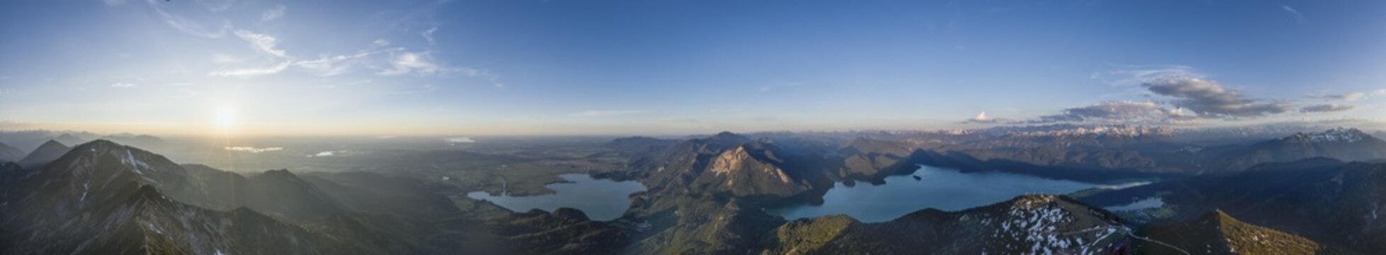 Mountain panorama, view from Herzogstand onto Lake Kochel and Lake Walchensee with Rabenkopf, Benediktenwand and Jochberg, Alps, Upper Bavaria, Bavaria, Germany