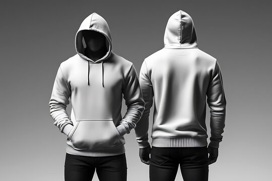 White hoodie mockup front and back view on a headless male model.