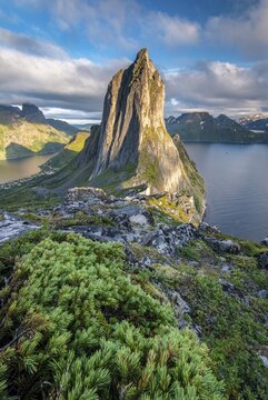 Steep mountain Segla, fjord Mefjorden with mountains, island Senja, Troms, Norway